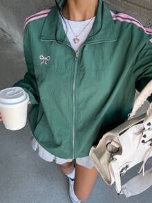 SHEIN 少女秋季撞色丝带蝴蝶结刺绣休闲运动夹克，可爱时尚的运动女孩夹克，适合返校季 - 綠色 - 查看 7
