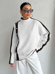 EURMUSE Casual Color Block Stand Collar Sweater, Autumn/Winter - White - View 8