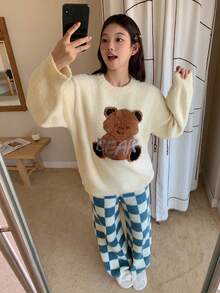 DAZY 女士小熊英文印花宽松针织长袖上衣和裤子两件套睡衣，秋冬季保暖内衬，舒适保暖，蓬松柔软 - 白色 - 查看 10