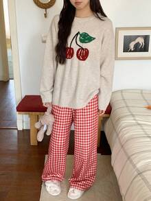 DAZY Women's Cherry Pattern Knitted Top And Plaid Pajama Pants Sleepwear Set, Winter Fall Clothes