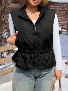 Comfortcana Plus Size Women's Black Waist-Cinching Versatile Fashion Vest Padded Coat, Autumn/Winter - Black - View 6
