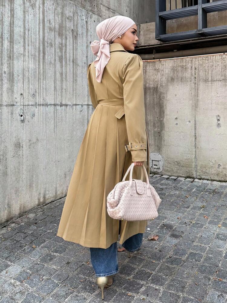 Women's Casual Solid Color Belted Pleated Midi Dress, Autumn Modest Fashion