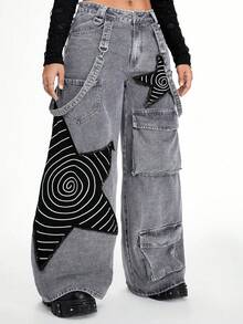 ROMWE Grunge Punk Plus Size Women Punk Distressed Washed Star Patch Loose Cargo Wide Leg Pants - Light Grey - View 1