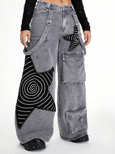 Grunge Punk Damen Große Größen Punk Destroyed Gewaschen Stern Patch Weite Cargo Hose