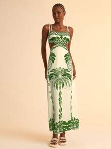 CAJUNI Đầm không tay màu hồng boho in hình cây chuối và quả dứa cho nữ, cạp chun sau lưng khoét sâu, váy mùa hè thường ngày cho ngày lễ - màu xanh lá - Xem 3