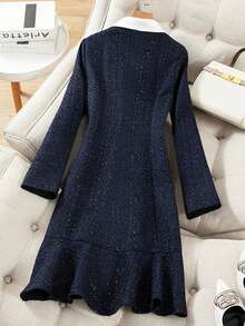 Franclia 新款翻领长袖收腰优雅奢华时尚女式长袖连衣裙 - 藏蓝色 - 查看 2