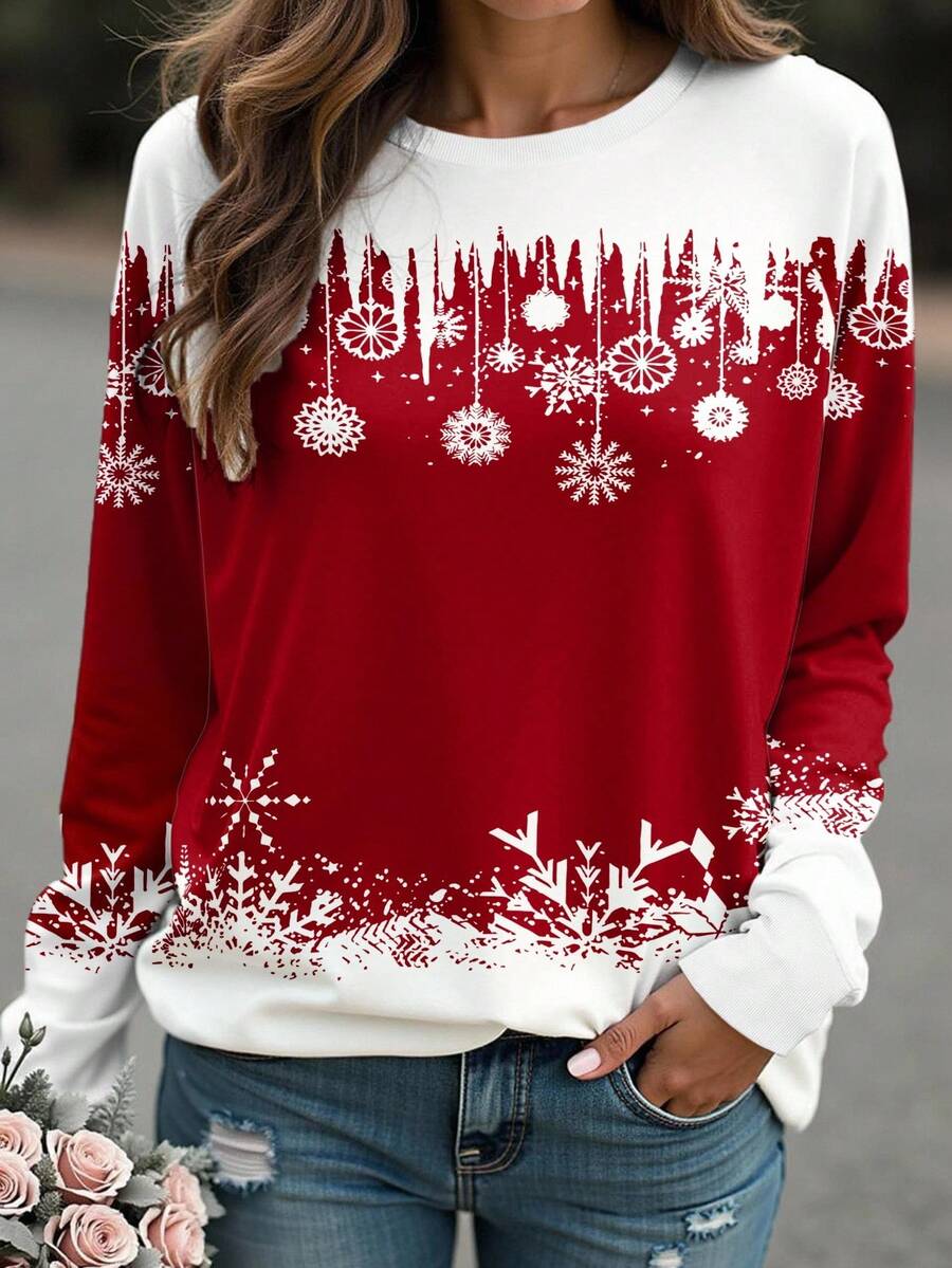 EMERY ROSE Women's Christmas Snowflake Print Crew Neck Sweatshirt