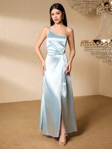 Vestido largo de satén verde oliva, elegante vestido de gala formal de un solo hombro para adolescentes, vestimenta de alta gama para ocasiones especiales - Verde Oliva - Ver 7