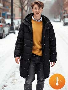 SHEIN Teen Boys' Black Long Oversized Winter Autumn Coat, Thick Minimalist Jacket, Casual College Style Teen Boy Hooded Parka, Comfortable Outdoor Warm - Black - View 4