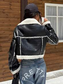 SHEIN Muchic 女式宽松休闲长袖PU皮革摩托车夹克，秋冬 - 黑色 - 查看 2