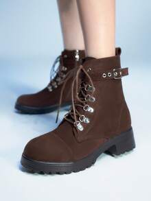 Sugerpunk Women's Retro Round Toe Lace-Up Chunky Heel Short Boots, Fashion Model Elegant Versatile Winter Mid-Calf Boots