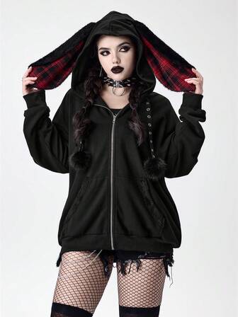 Grunge Punk Fall Women Clothes Subculture Plaid Patchwork Grommet Faux Fur Patchwork Oversized Women Long Sleeve Zip-Up Hoodie