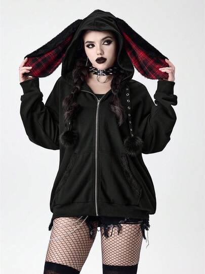 Grunge Punk Fall Women Clothes Subculture Plaid Patchwork Grommet Faux Fur Patchwork Oversized Women Long Sleeve Zip-Up Hoodie