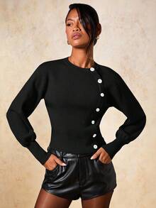 COSMINA Áo khoác cardigan cài nút bất đối xứng thanh lịch dành cho nữ, Thu/Đông - màu đen - Xem 8