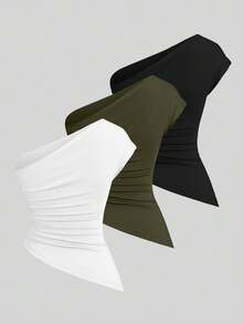 Sweetra Women's Elegant Ruched Asymmetric Hem Blouse Set - Multicolor - View 2