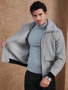 Core Aspect 男士休闲日常通勤简约百搭拼接毛领翻盖口袋拉链羊毛混纺夹克，秋冬 - 淺灰色 - 查看 7