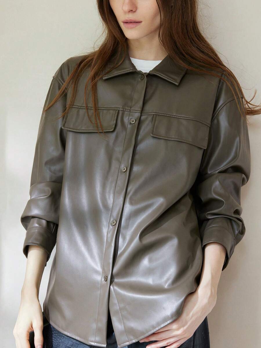 Aveloria Modichic Chaqueta camisa de cuero PU de alta gama vintage, chaqueta camisa de cuero de estilo callejero - Verde militar - Ver 1