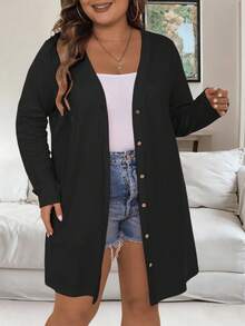 Franclia Plus Size V-Neck Buttoned Long Sleeve Chic Gentle Fashion Relaxed Fit Loose Outerwear Fall Winter Cloth For Women Autumn - Black - View 5