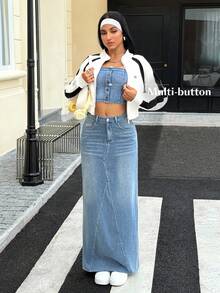 SHEIN Unity Atasan Bustier Denim Wanita Model Crop Fit dengan Desain Kancing Y2K yang Modis - Biru - View 6