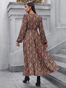 SHEIN LUNE Váy dài tay họa tiết hoa cổ tròn xếp ly dáng chữ A lãng mạn, cổ điển, thu đông cho nữ - Nhiều màu - Xem 2