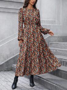 SHEIN LUNE Váy dài tay họa tiết hoa cổ tròn xếp ly dáng chữ A lãng mạn, cổ điển, thu đông cho nữ - Nhiều màu - Xem 3