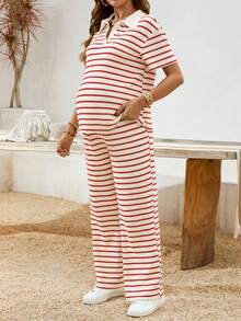 SHEIN Bộ 2 áo thun polo tay ngắn cổ bẻ kẻ sọc cho bà bầu và quần dài thường ngày có thể điều chỉnh eo - Đỏ và trắng - Xem 4