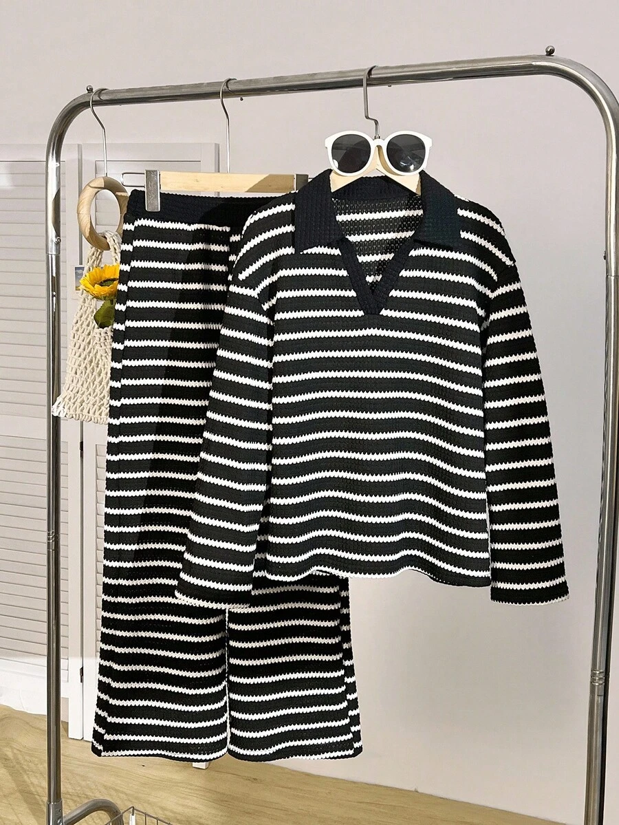 Tween Girl Striped Long Sleeve T-Shirt And Wide Leg Pants Casual Outfit, Autumn - Black - View 1