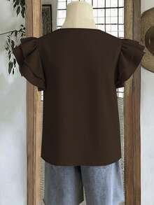 EMERY ROSE Plus Size Summer Casual Solid Color Ruffle Trim Shirt - Brown - View 2