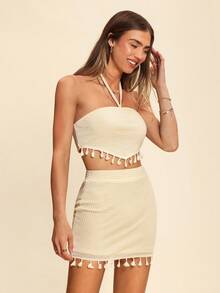 Coeurva 夏季波西米亚风流苏边露背吊带上衣和紧身裙两件套 - 杏色 - 查看 4