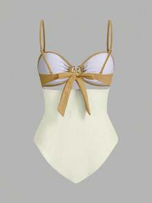 Swim Oasis Colorblock Cut Out Summer Beach One Piece Swimsuit One Piece Bathing Suit & Solid Beach Cover Up Skirt