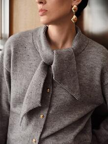 Uhlyne 女士简约教师装，时尚通勤风格，设计感十足，金色纽扣开衫搭配简约休闲A字裙，商务休闲两件套针织套装，秋冬 - 灰色 - 查看 7