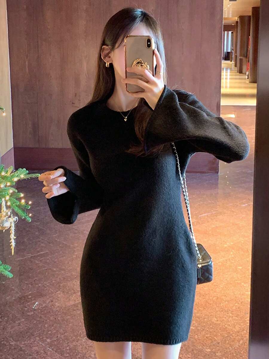 DAZY 女式秋季法式复古腰部收腰喇叭袖裙装搭配毛衣 - 黑色 - 查看 1