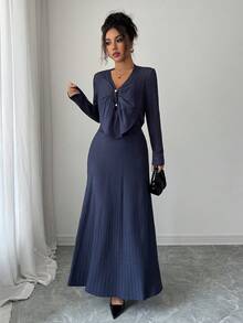 Elenzga Conjunto de punto elegante azul marino, hilo metálico brillante de alta gama, diseño de nicho de cárdigan y falda evasé, opción cómoda para fiestas vintage, viajes al trabajo y salidas en otoño/invierno - Azul - Ver 7