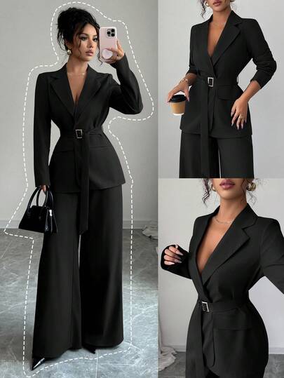 Elenzga 2025 Spring/Autumn New Fashion Elegant Casual/Office Commute Metal Buckle Waist Long Sleeve Jacket + Straight Loose Wide Leg Pants Suit Set