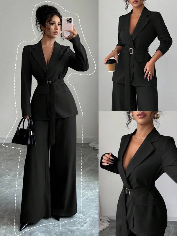 Elenzga 2025 Spring/Autumn New Fashion Elegant Casual/Office Commute Metal Buckle Waist Long Sleeve Jacket + Straight Loose Wide Leg Pants Suit Set