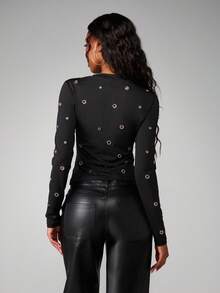 MISSGUIDED Eyelet Long Sleeve T-Shirt For Women Grunge Metal Hardware Detail Casual Top - Black - View 2