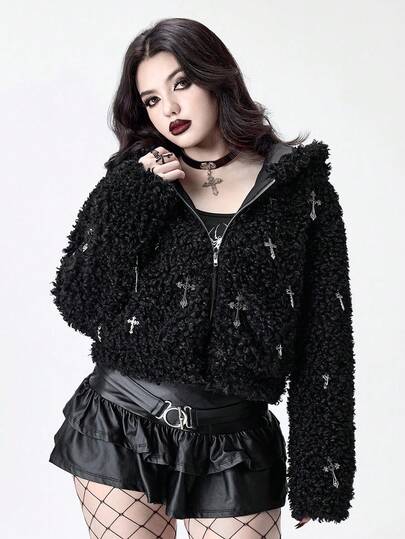 Goth Veste décontractée pour femmes à manches longues avec fermeture éclair et décor en croix