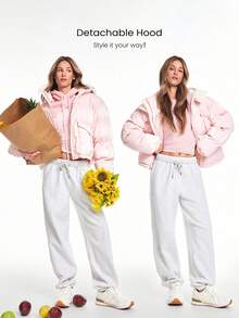 GLOWMODE Áo khoác phồng Chic In Warmth Shine Down Glossy Soft Cozy Zipper Snap Button Closure Drawning Bow Many Hood Offable Hood Jacket Autumn Winter Outdoors Daily Casual Wear - Hồng - Xem 6