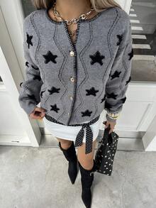 Livesso Cardigan casual feminino com estampa de estrelas, outono