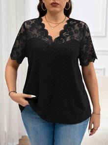 Reflora Camiseta de manga corta de tallas grandes, de color liso con parches de encaje - Negro - Ver 1