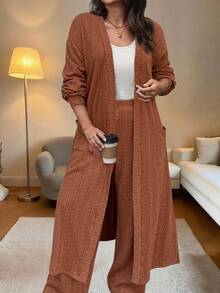 Vionelle Plus Size Women's French Style Casual Elegant Long Sleeve Maxi Two Pieces Set Wide Leg Pants Set Modest Two Piece Set Brown Two Piece Set Women Modest Sets For Women Brown Outfit Women