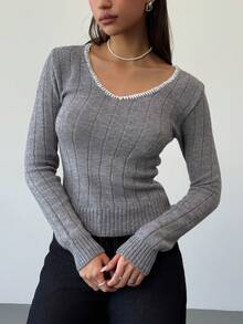 Aloruh Suéter de punto de manga larga gris sólido con ribete de contraste, minimalista, de otoño/invierno, informal - Gris - Ver 3