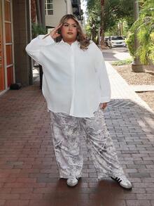 Enliva Áo sơ mi trắng dài tay cài nút cơ bản, rộng rãi, thoải mái, mùa thu đông cho nữ cỡ lớn, áo cánh nữ, áo oversize, phong cách Old Money, áo cánh công sở cho nữ, quần áo mùa thu, áo sơ mi xẻ tà cao, áo sơ mi trắng dài tay cơ bản, dạ hội, trang phục sân bay cho nữ - trắng - Xem 3