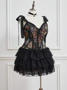 Sweetness Vintage Romantic Garden Gothic Oil Painting Floral Lace Ruffle Patchwork Plus Size Women Dress With Pants - Black - View 6