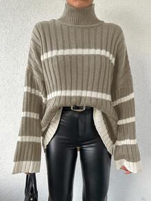 EURMUSE Maglione casual oversize da donna con collo alto a righe, maniche lunghe e spalle scoperte, adatto per l'autunno / inverno - Beige - Visualizzare 6
