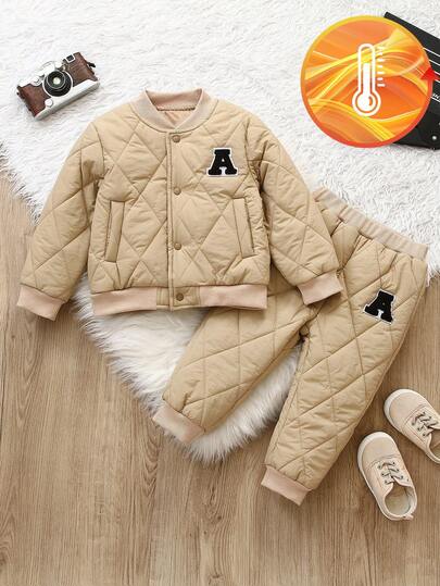 SHEIN 2pcs Toddler Infant Baby Boys Casual Stand Collar Long Sleeve Quilted Bomber Jacket And Pants Set, Letter Decor, Autumn/Winter, Baby Baseball Uniform, Baby Clothing, Infant Outfit, 6M-3T Fall