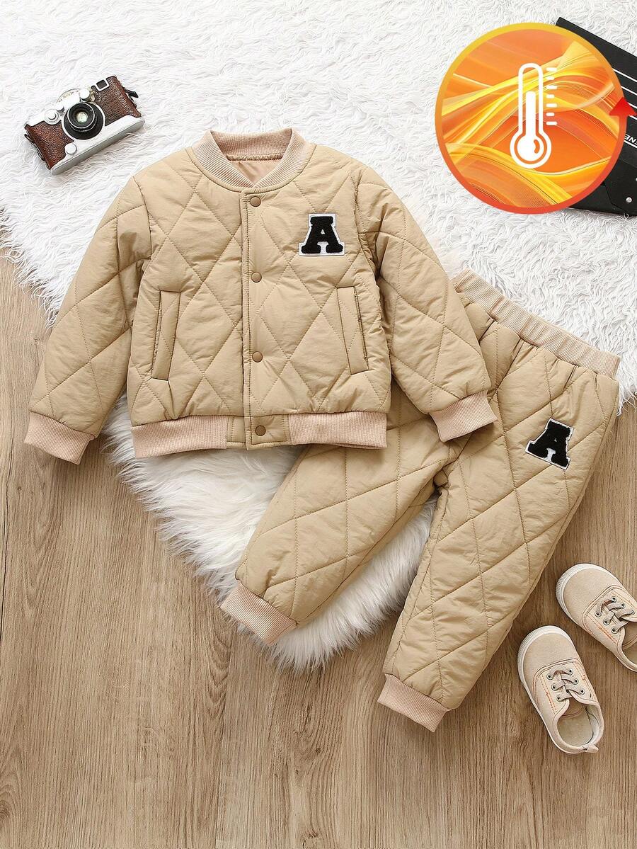 SHEIN 2pcs Toddler Infant Baby Boys Casual Stand Collar Long Sleeve Quilted Bomber Jacket And Pants Set, Letter Decor, Autumn/Winter, Baby Baseball Uniform, Baby Clothing, Infant Outfit, 6M-3T Fall
