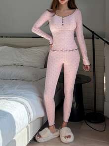 DAZY Women's Contrast Trim Polka Dot Print Brushed Pajama Set, Autumn/Winter, Fall Clothes - Pink - View 5