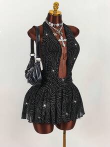 Amplova Halter Deep V-Neck Sleeveless Ruffle Pleated Sexy Bodycon Mini Slip Dress - Black - View 5