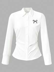 Teen Girl Bow Print Long Sleeve Button-Down Fitted Casual Shirt - White - View 5